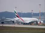 Emirates, A380-861, F-WWSZ (later A6-EDI) auf dem Flughafen von finkenwerder. Aufgenommen am 27.03.10.